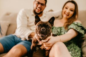 a man and woman sitting on a couch with a dog