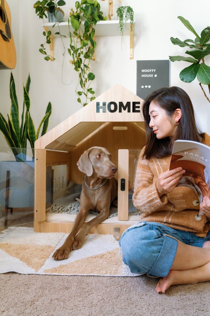 Photo by Kailun Zhang Woman reading next to dog in modern dog house.